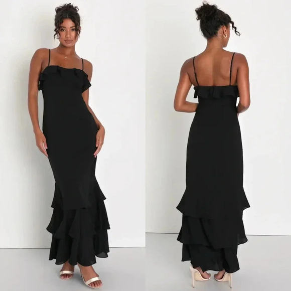 Lulu's Lively Evenings Black Sleeveless Tiered Maxi Dress Wedding Party Guest - Picture 1 of 9